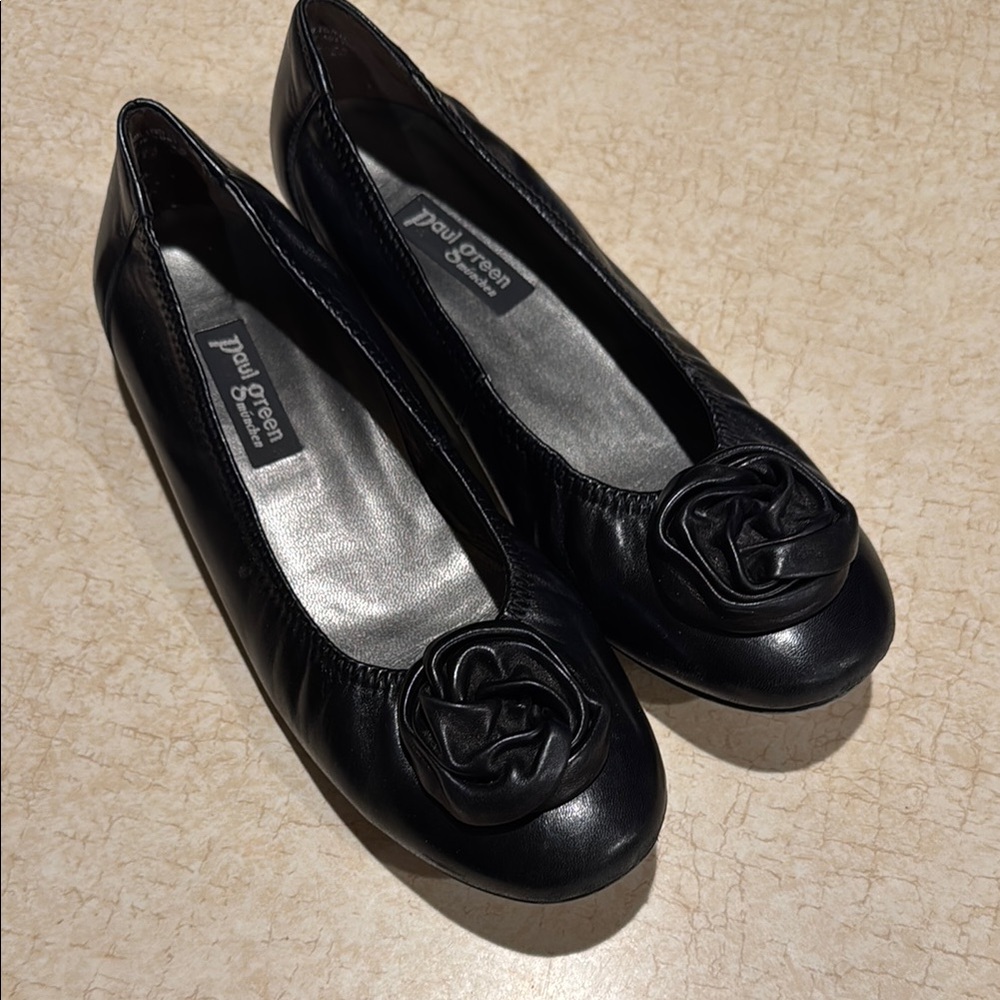 Paul Green Black Leather Flats with Rosette Detail